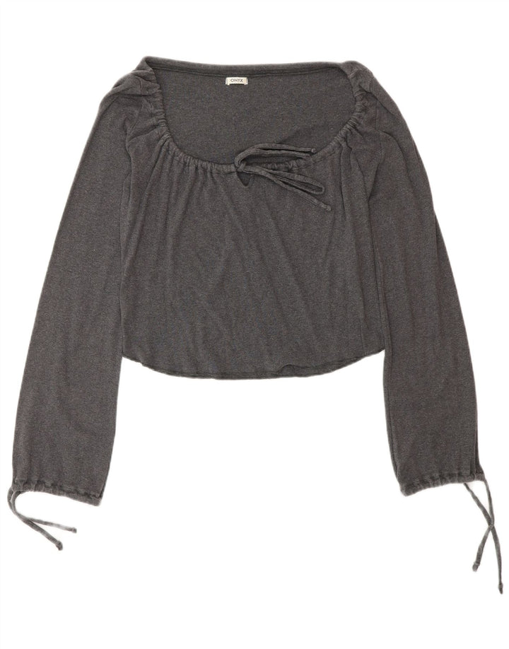 Onyx Crop Top cu mânecă lungă pentru femei cu cravată în față, UK 12, bumbac gri mediu