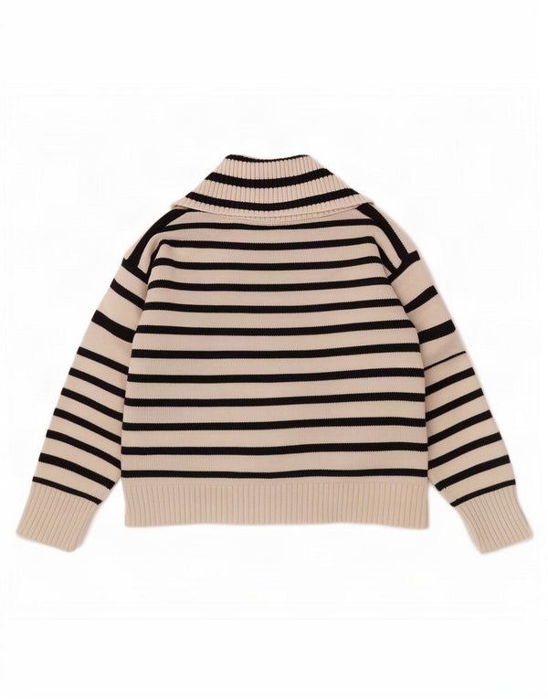 Pulover pentru femei Zara, cu fermoar, cu gât, UK 16, mare, bumbac cu dungi alb
