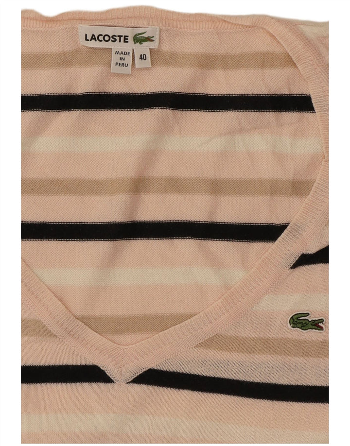 Pulover Lacoste pentru femei cu decolteu în V, mărime 40, în dungi roz mediu