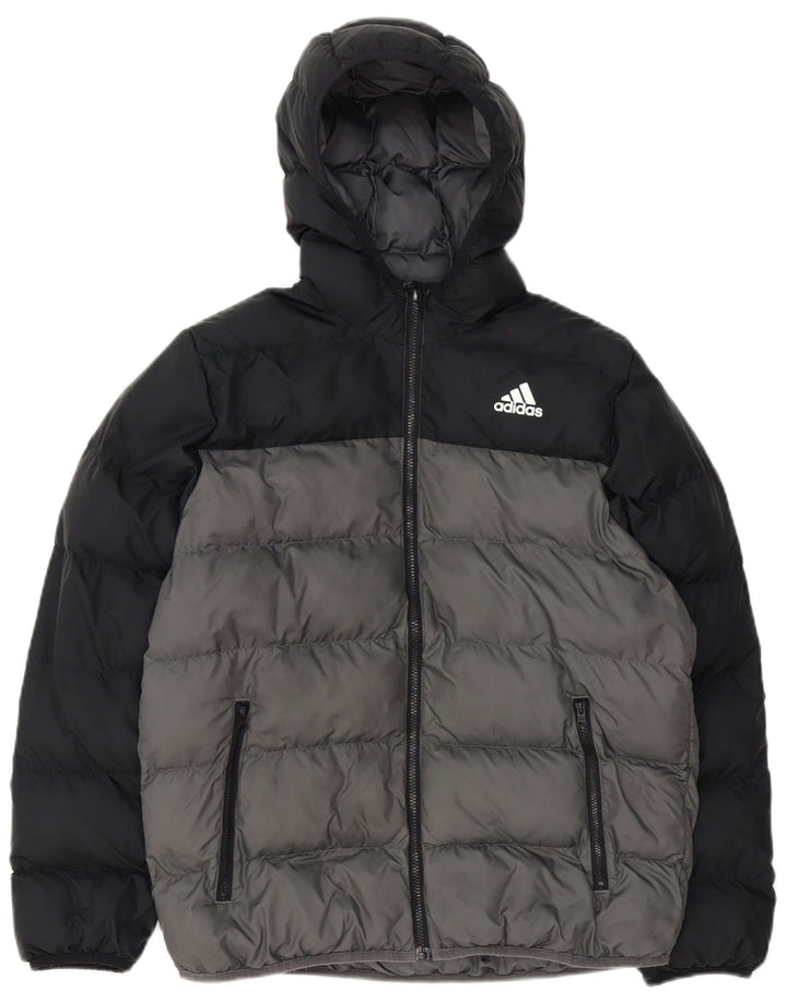Jachetă căptușită cu glugă pentru băieți Adidas 13-14 ani, gri colorblock