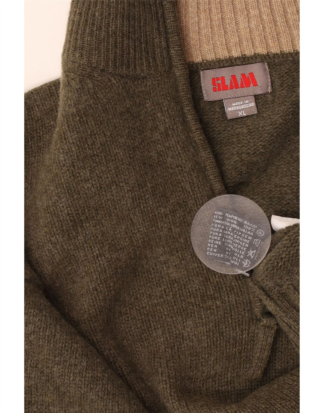 Pulover Slam pentru bărbați, cu fermoar, cu gât, XL, kaki, lână virgină