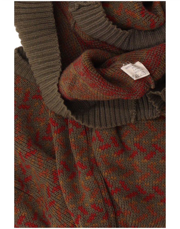 Pulover Vintage pentru bărbați cu decolteu rotund din lână geometrică kaki medie