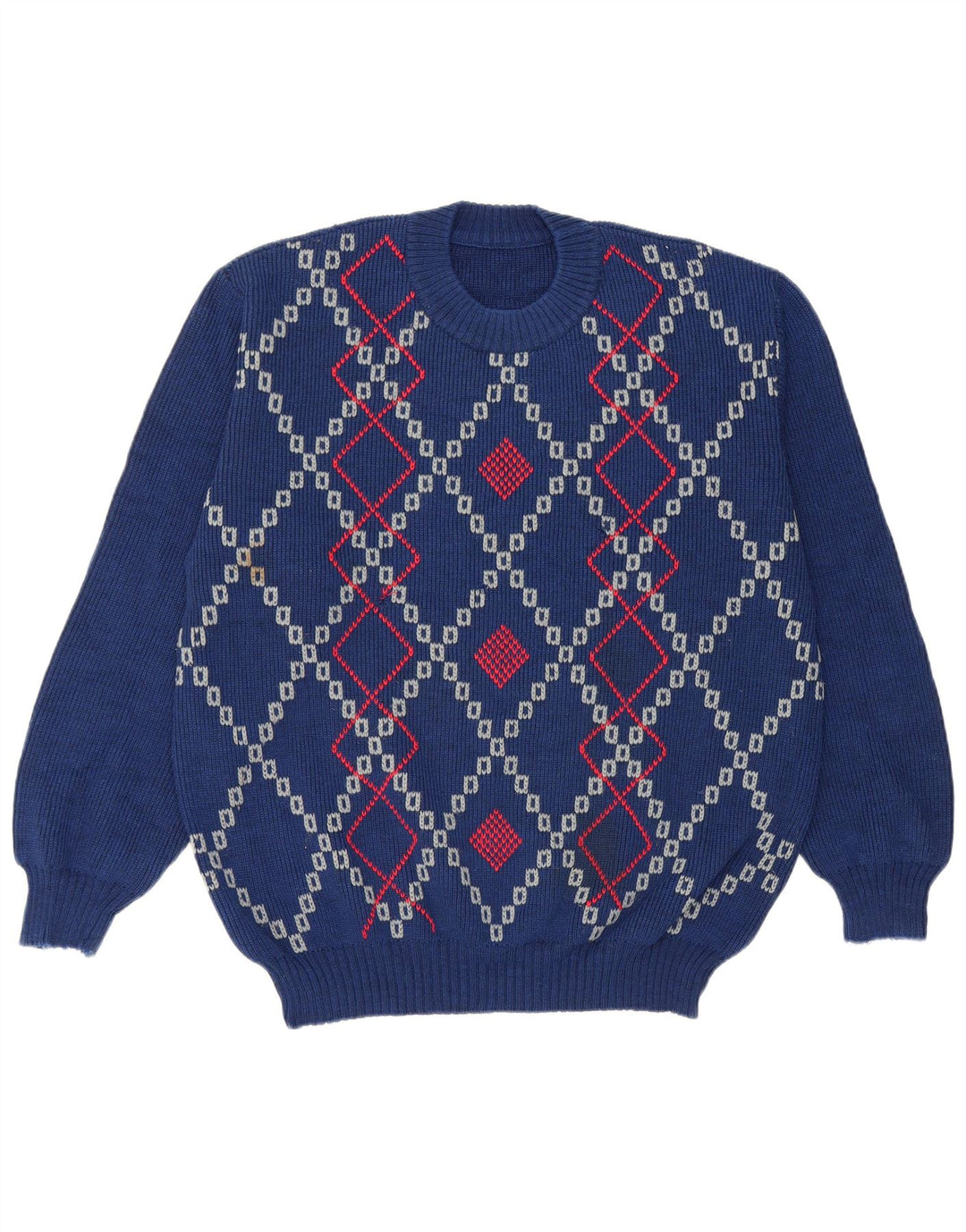Vintage Mens Crew Neck Jumper Sweater Large Blue Argyle/Diamond