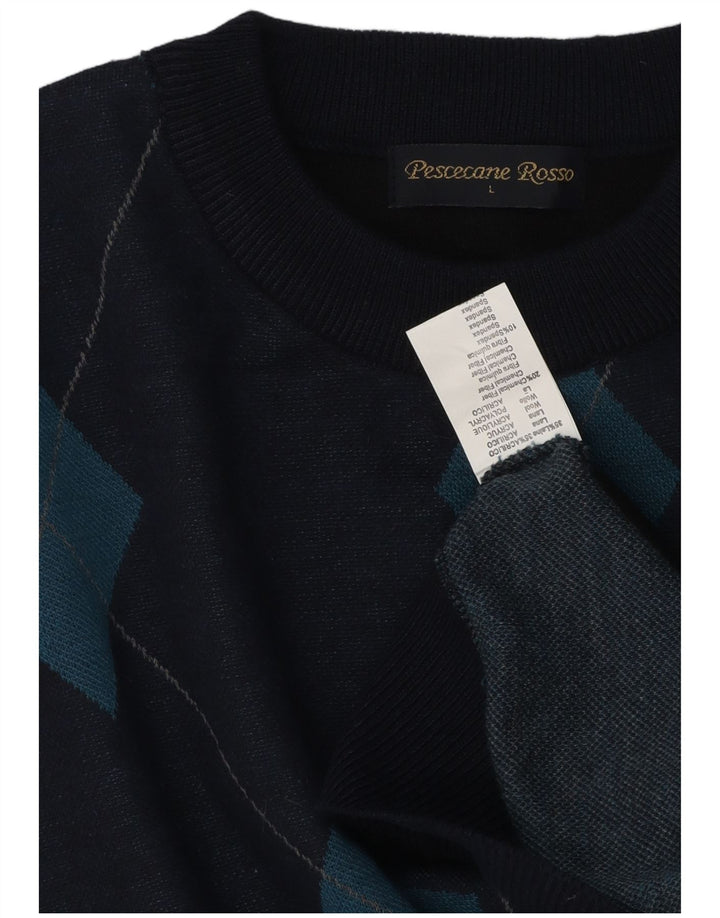 Pulover vintage pentru bărbați cu gât roșu, mare, albastru bleumarin, lână Argyle/Diamond