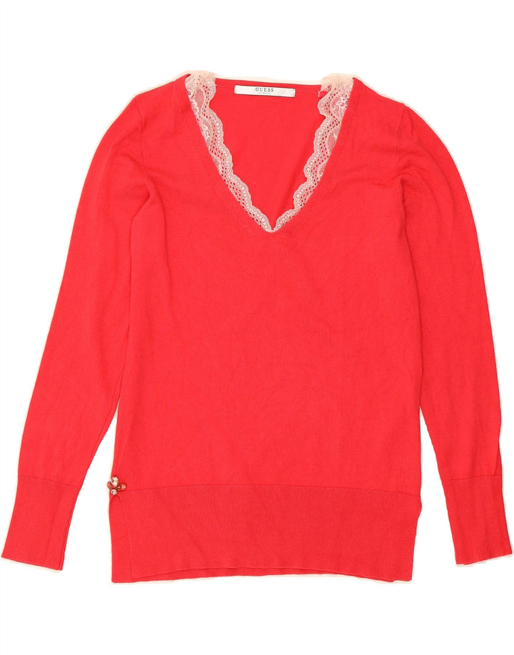 GUESS Womens V-Neck Jumper Sweater UK 12 Medium Red Viscose Vintage Guess and Second-Hand Guess from Messina Hembry 