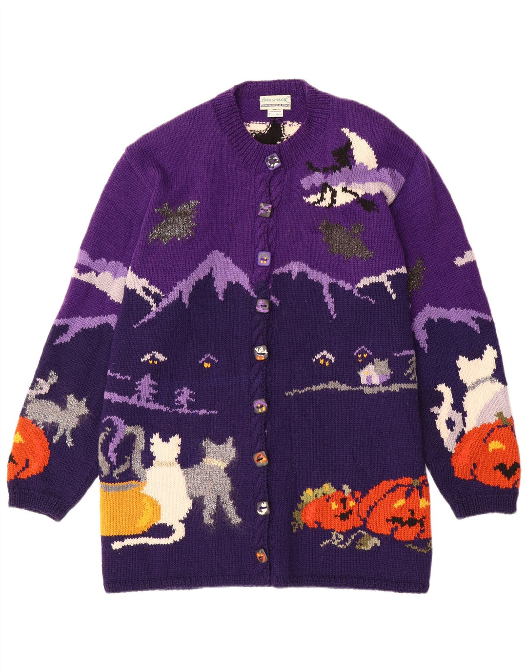 Pulover cardigan grafic pentru femei VINTAGE UK 20 2XL Lână color bloc mov