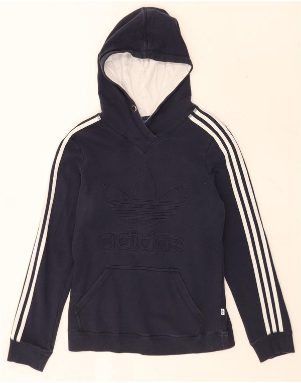 Pulover cu glugă cu grafic pentru femei Adidas UK 14, bumbac mediu albastru bleumarin