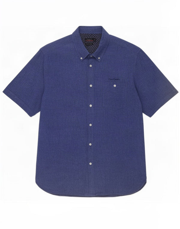 Pierre Cardin Mens Short Sleeve Regular Fit Shirt XL Blue Linen