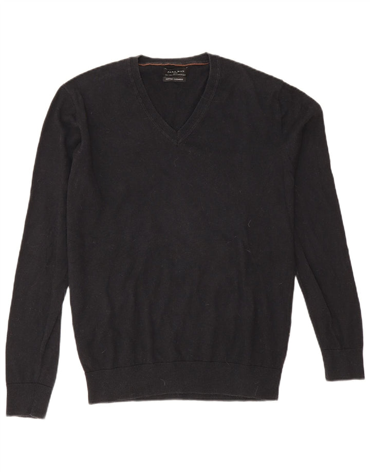 Pulover pentru bărbați Zara, cu decolteu în V, mare, negru, bumbac