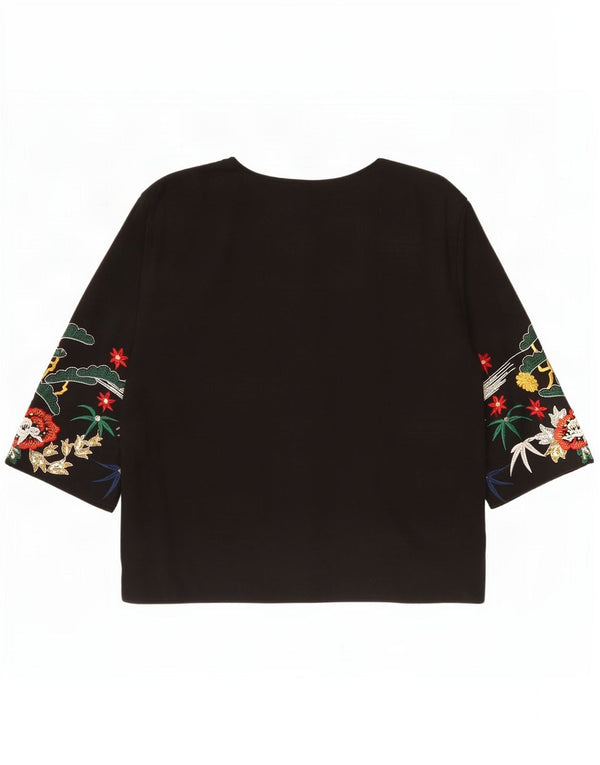 Top cardigan cu grafică vintage pentru femei UK 14 Pasăre mare neagră cu flori
