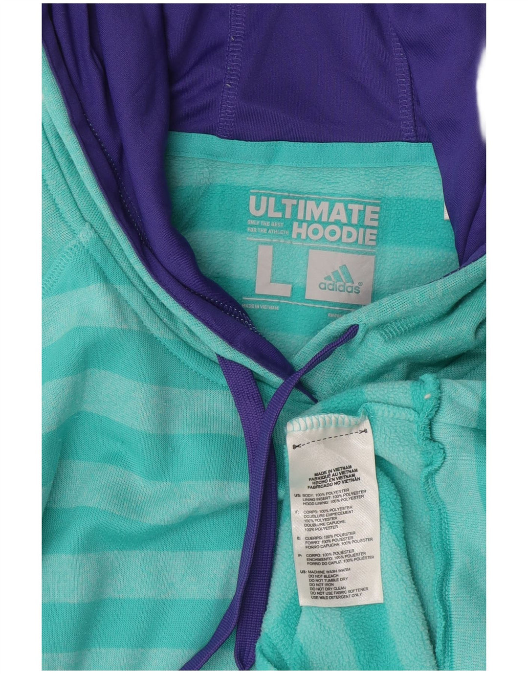 Pulover Adidas pentru bărbați cu glugă din poliester cu dungi turcoaz