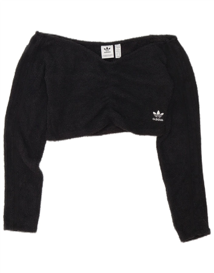 Adidas Crop Fleece Top cu umeri UK 12 Poliester mediu negru