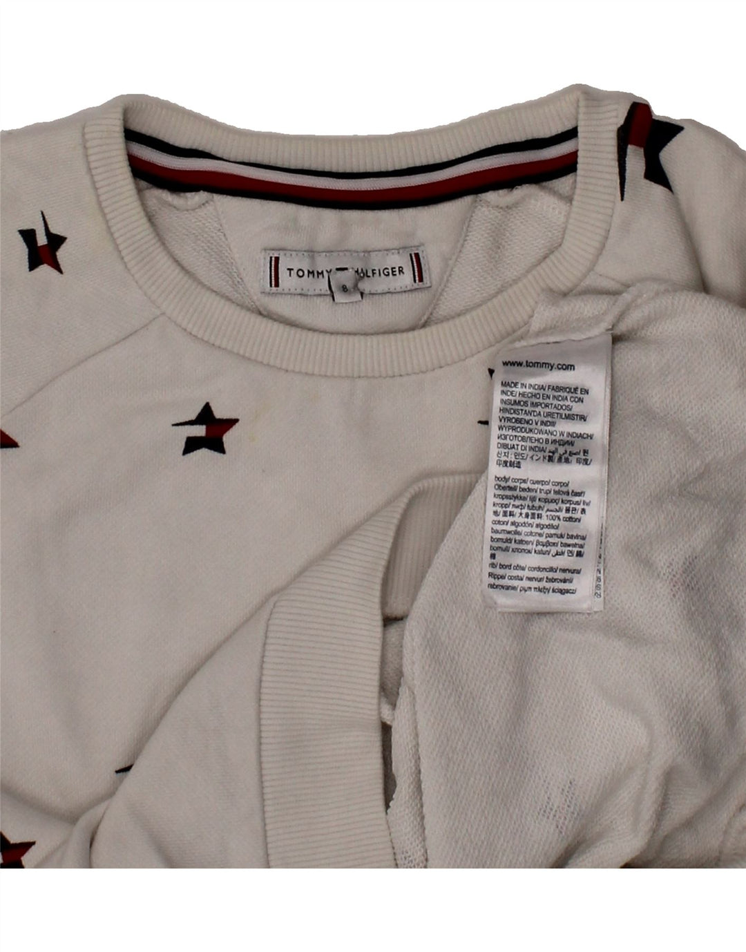 TOMMY HILFIGER Girls Abstract Pattern Sweatshirt Jumper 7-8 Years White Vintage Tommy Hilfiger and Second-Hand Tommy Hilfiger from Messina Hembry 