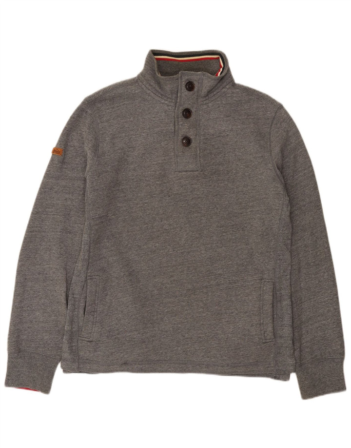 Pulover Superdry pentru bărbați, cu gât cu nasturi, bumbac cu pete, gri mediu