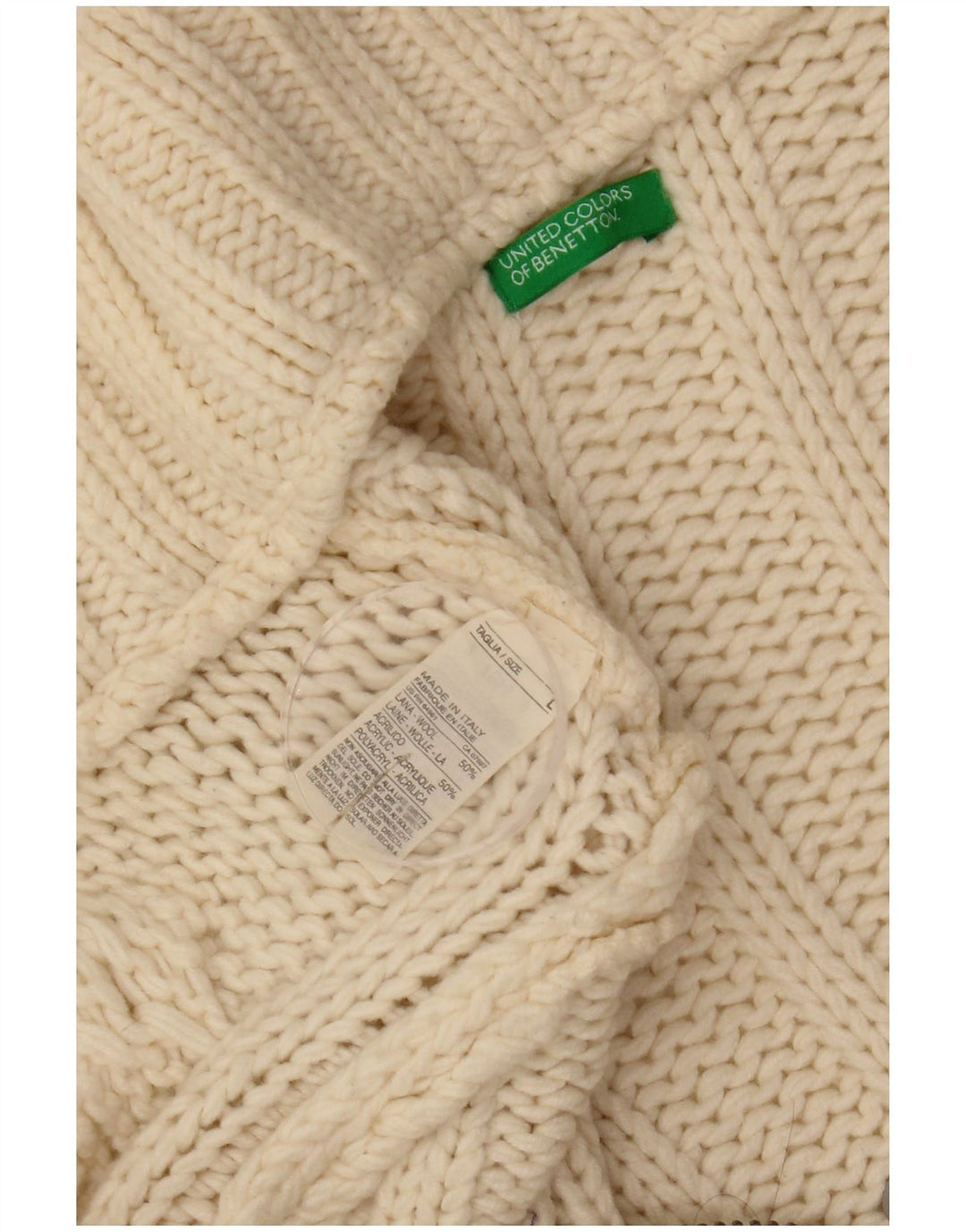 Pulover cardigan pentru femei Benetton UK 14, lână albă, mare