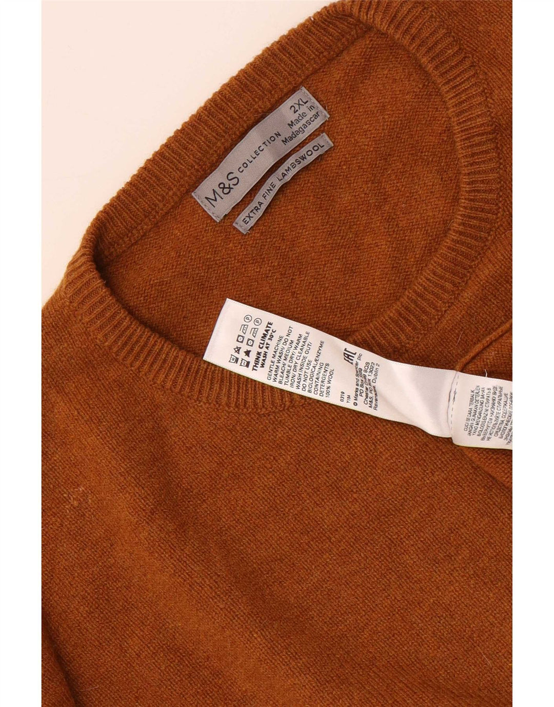 Pulover pentru bărbați Marks & Spencer, cu gât crew, 2XL, lână maro