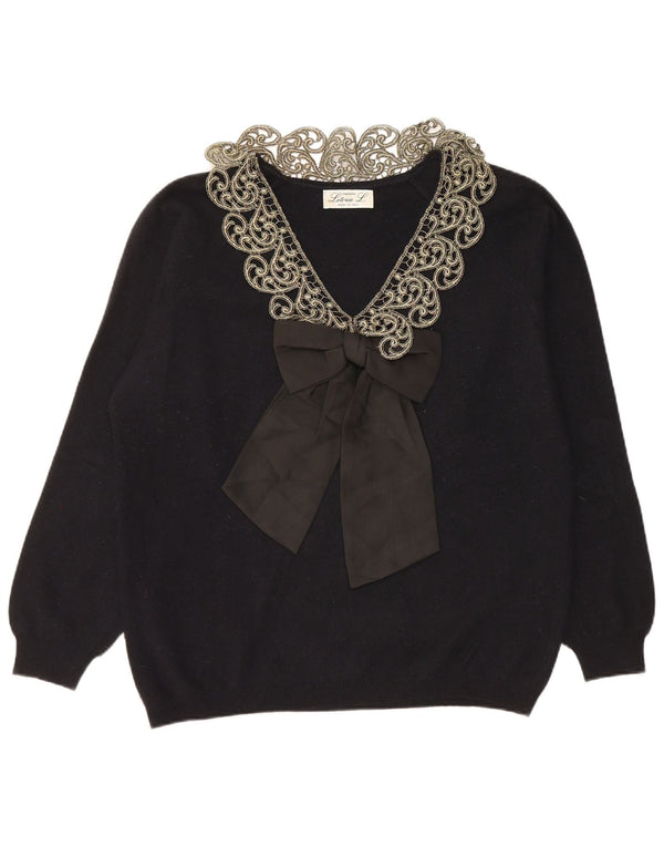 LETIZIA L. Pulover pentru femei cu decolteu în V UK 16 mare, lână neagră cachetă