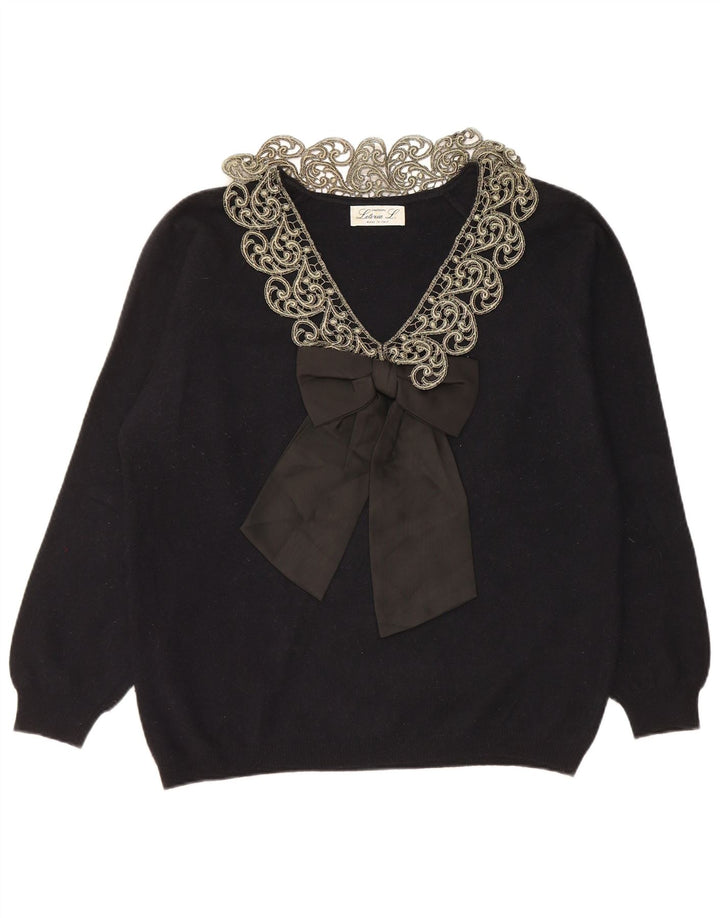 LETIZIA L. Pulover pentru femei cu decolteu în V UK 16 mare, lână neagră cachetă