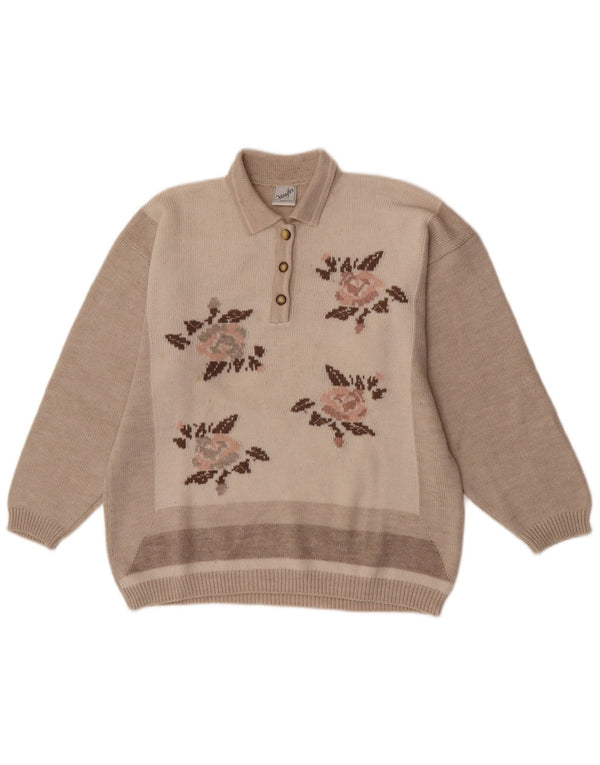 Pulover vintage cu gât polo pentru femei UK 18 XL Lână florală gri