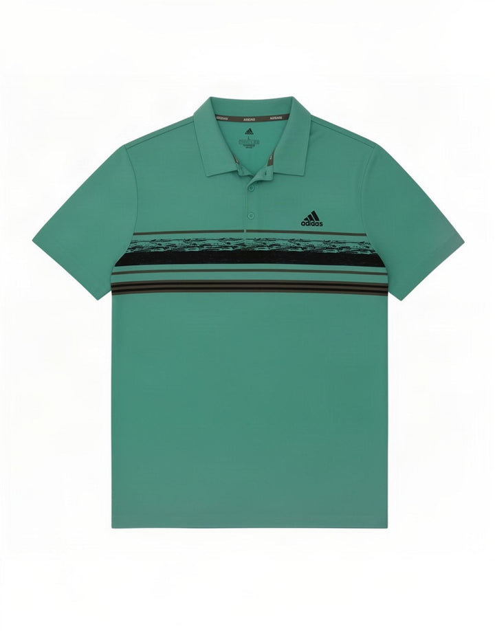 Tricou polo Adidas pentru bărbați din poliester cu dungi turcoaz mare
