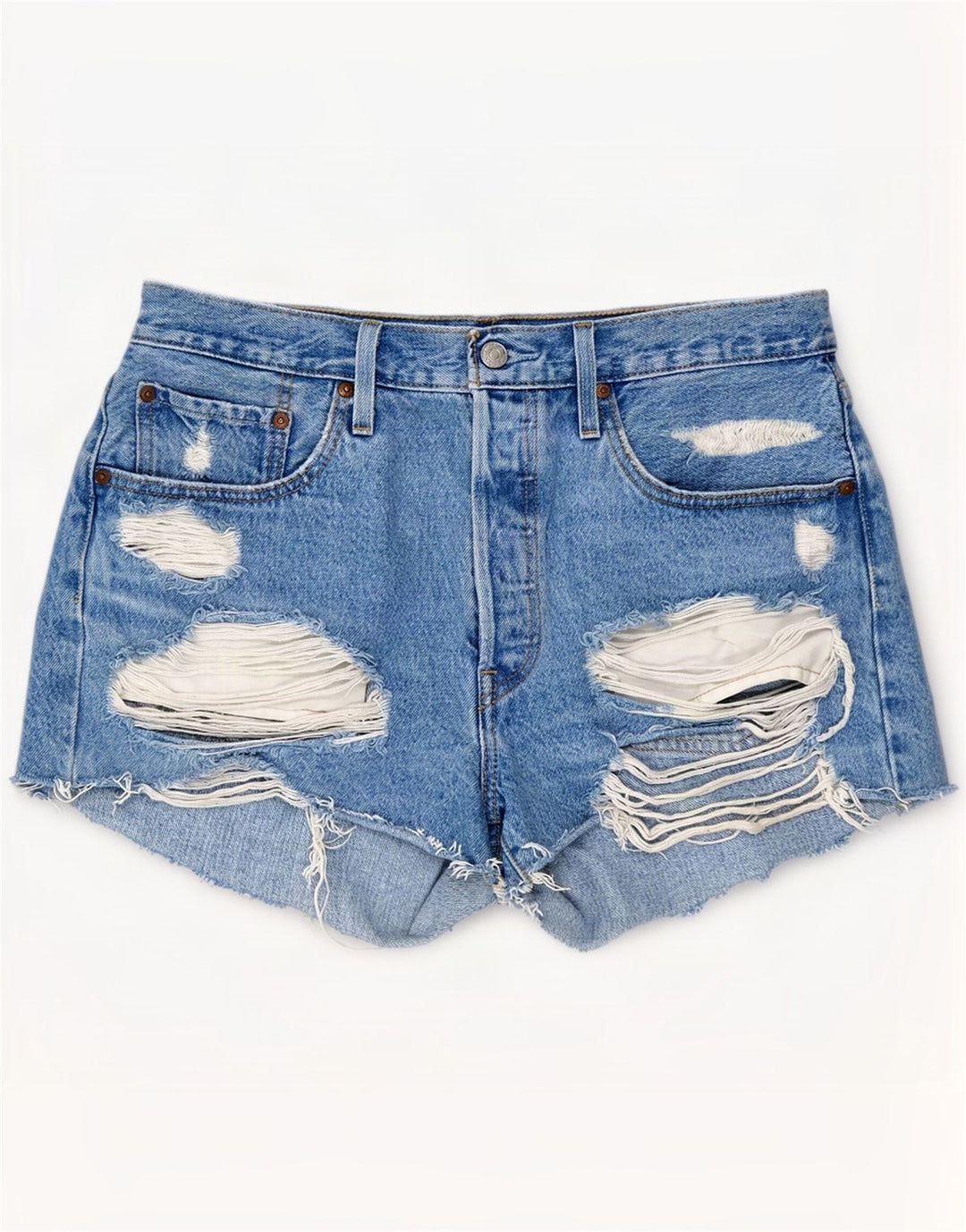 Pantaloni scurți Levi's pentru femei 501 din denim distressed W31, bumbac albastru mediu