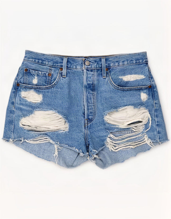 Pantaloni scurți Levi's pentru femei 501 din denim distressed W31, bumbac albastru mediu