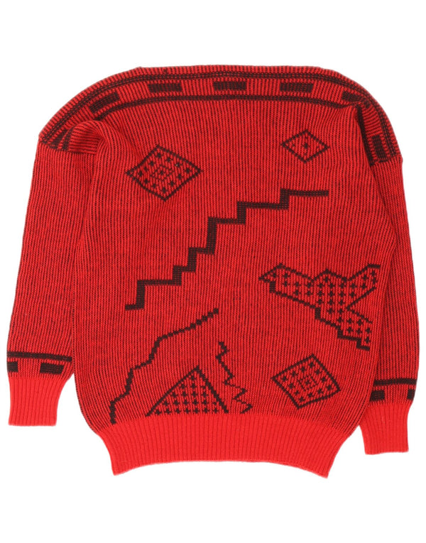 Pulover Vintage pentru damă cu gât de barcă IT 44 Lână geometrică roșie medie