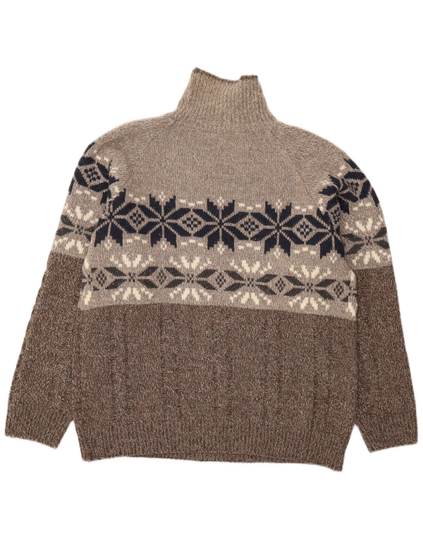 Pulover vintage pentru bărbați cu gât rulat XL maro din lână Fair Isle