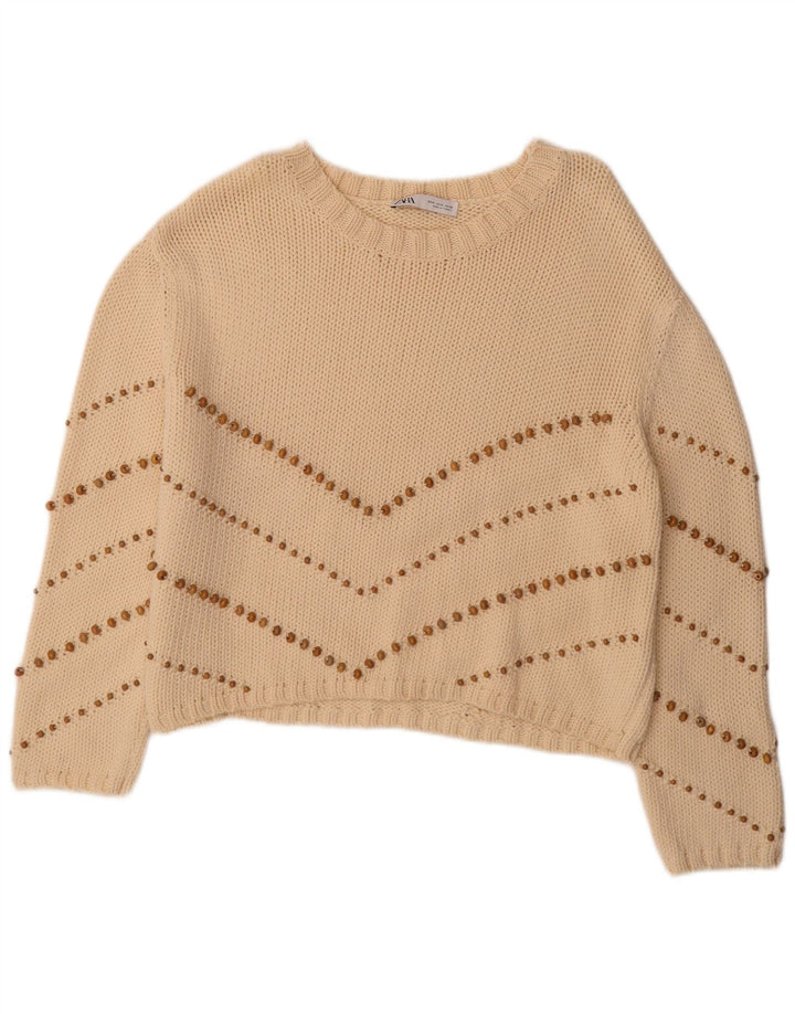 Pulover supradimensionat pentru femei Zara, cu gât de barcă, UK 14 Medium Bej, cu dungi
