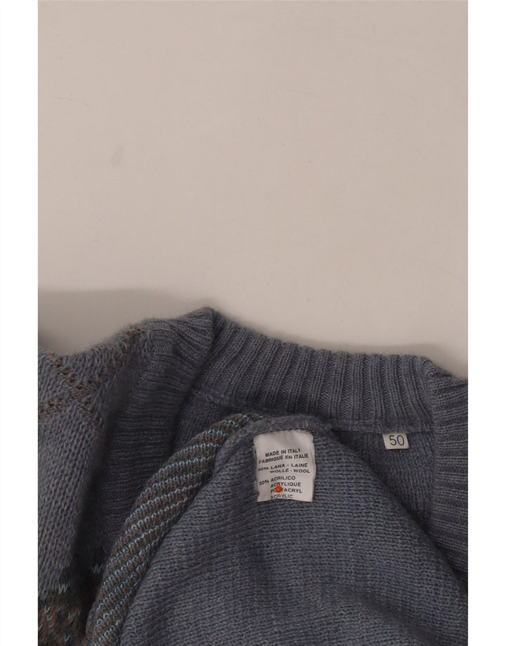 Pulover VINTAGE pentru bărbați, cu decolteu în V, IT 50, albastru mediu, lână Argyle/Diamond