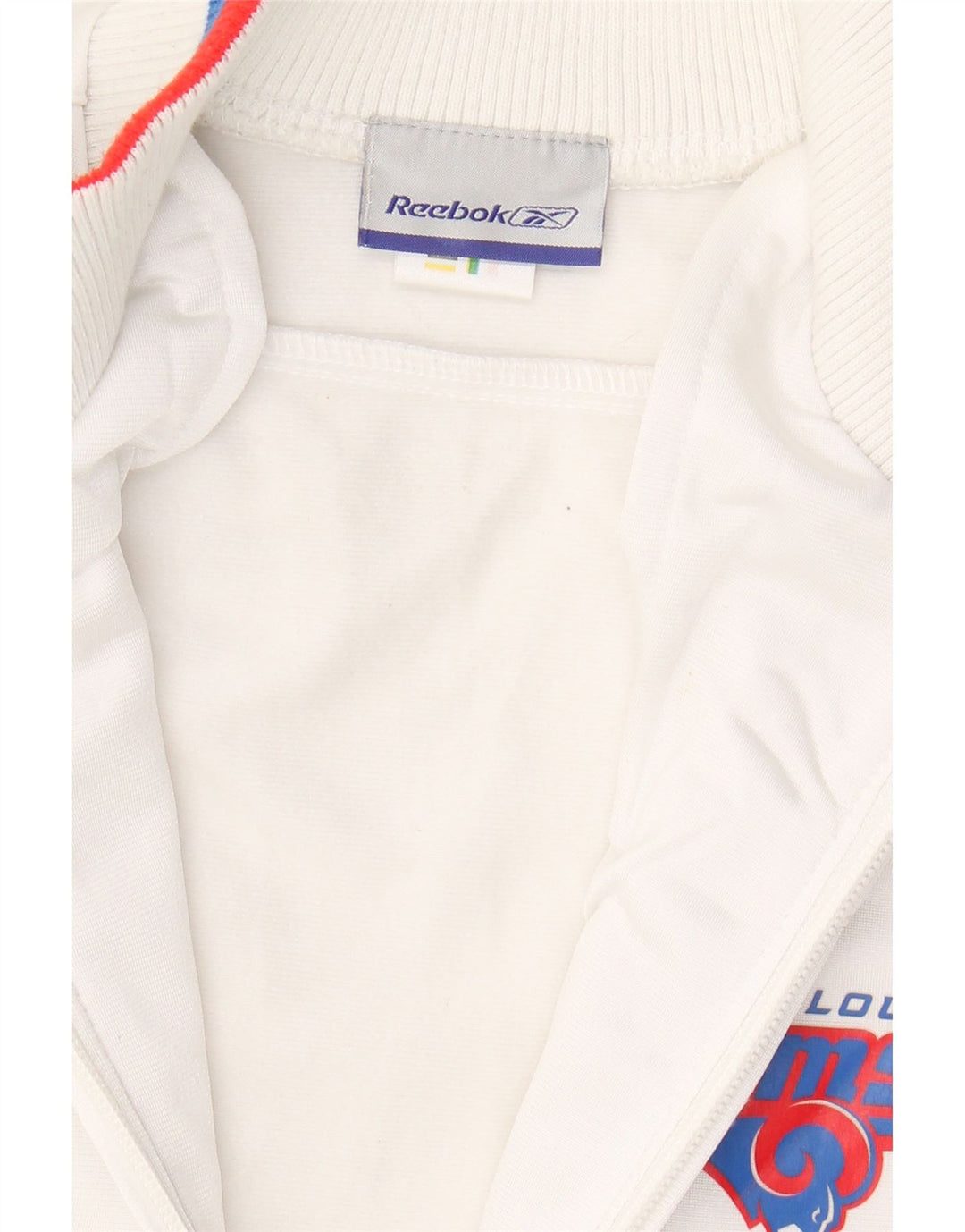 REEBOK Womens St. Louis Rams Graphic Tracksuit Top Jacket UK 8 Small White Vintage Reebok and Second-Hand Reebok from Messina Hembry 
