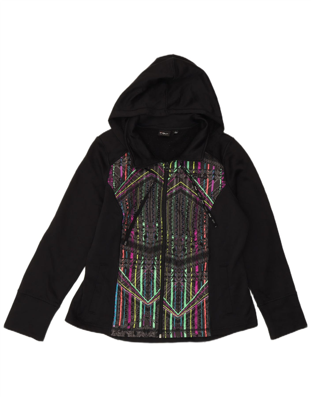 Pulover Fila pentru femei, cu fermoar, cu glugă, UK 16, mare, negru, poliester geometric
