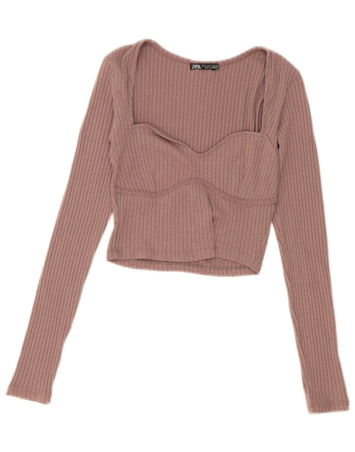 Top Crop pentru femei Zara cu mânecă lungă UK 8, poliester roz mic