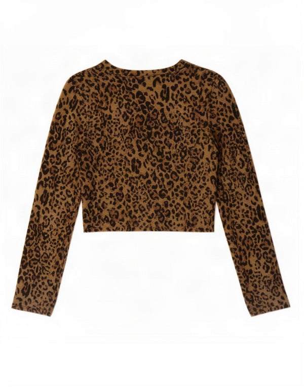 Zara Womens Trafaluc Crop Top Long Sleeve UK 8 Small Brown Animal Print