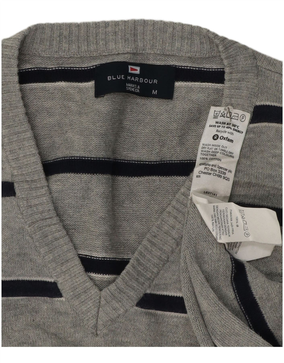 Pulover Marks & Spencer pentru bărbați, Blue Harbour, cu decolteu în V, în dungi, gri mediu