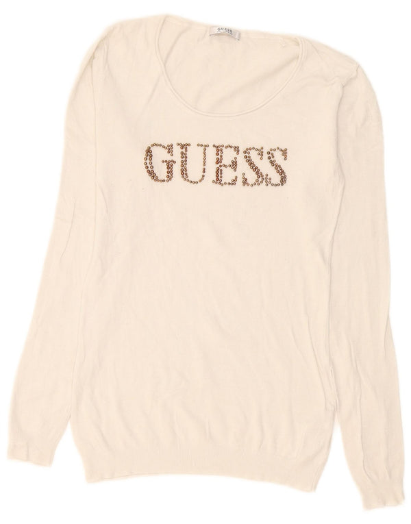 Pulover Guess pentru femei cu grafică cu gât de barcă, UK 14, mare, viscoză, albă