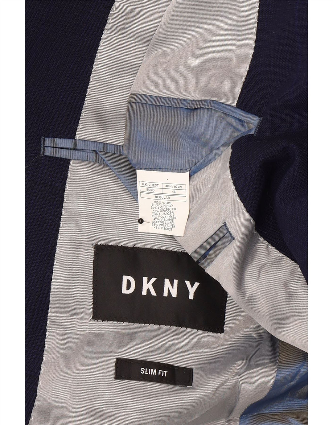 Jachetă pentru bărbați Dkny, cu 2 nasturi, slim fit, UK 38, lână medie, albastru bleumarin
