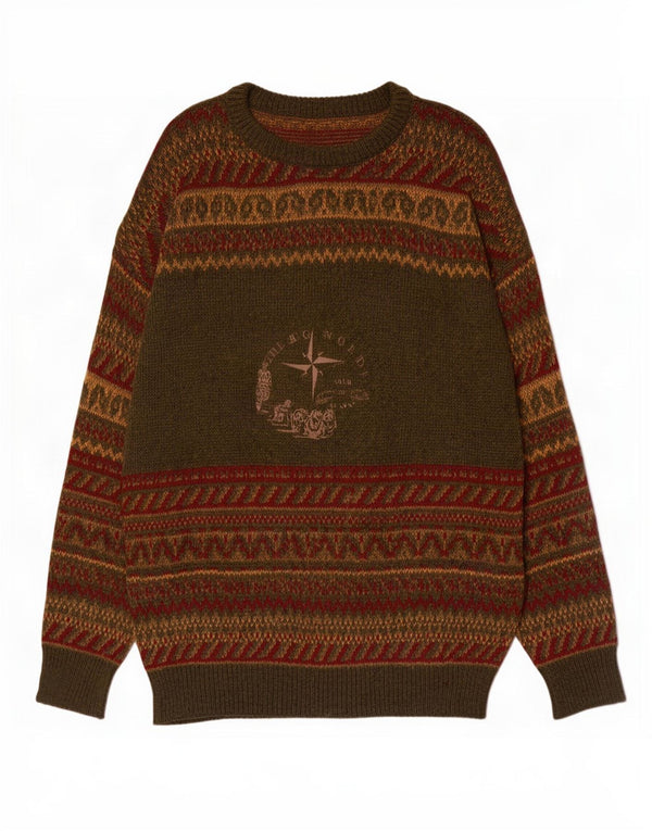 Pulover vintage pentru bărbați cu gâtul turnat, mare, lână Fair Isle, verde
