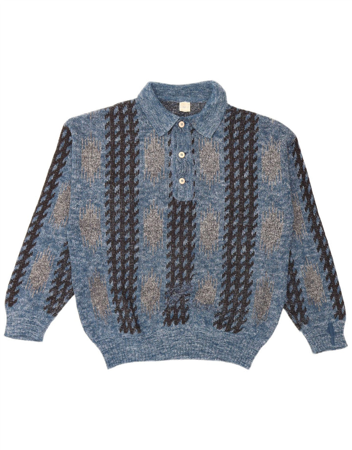 Pulover vintage pentru bărbați cu gât polo, albastru mediu geometric