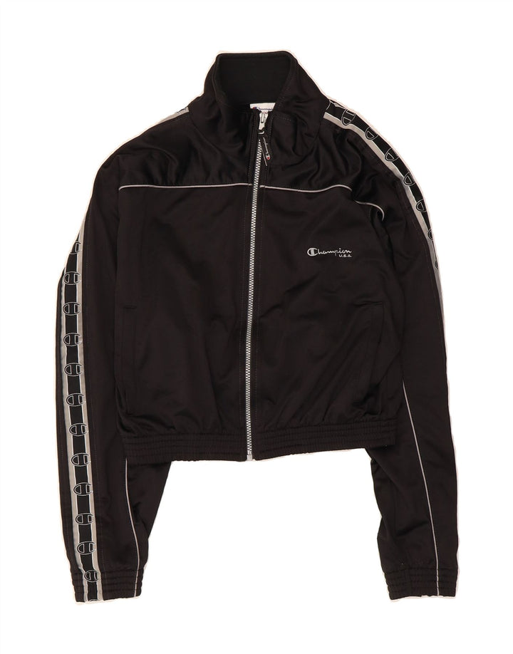 CHAMPION Womens Crop Graphic Tracksuit Top Jacket UK 16 Large Black Vintage Champion and Second-Hand Champion from Messina Hembry 