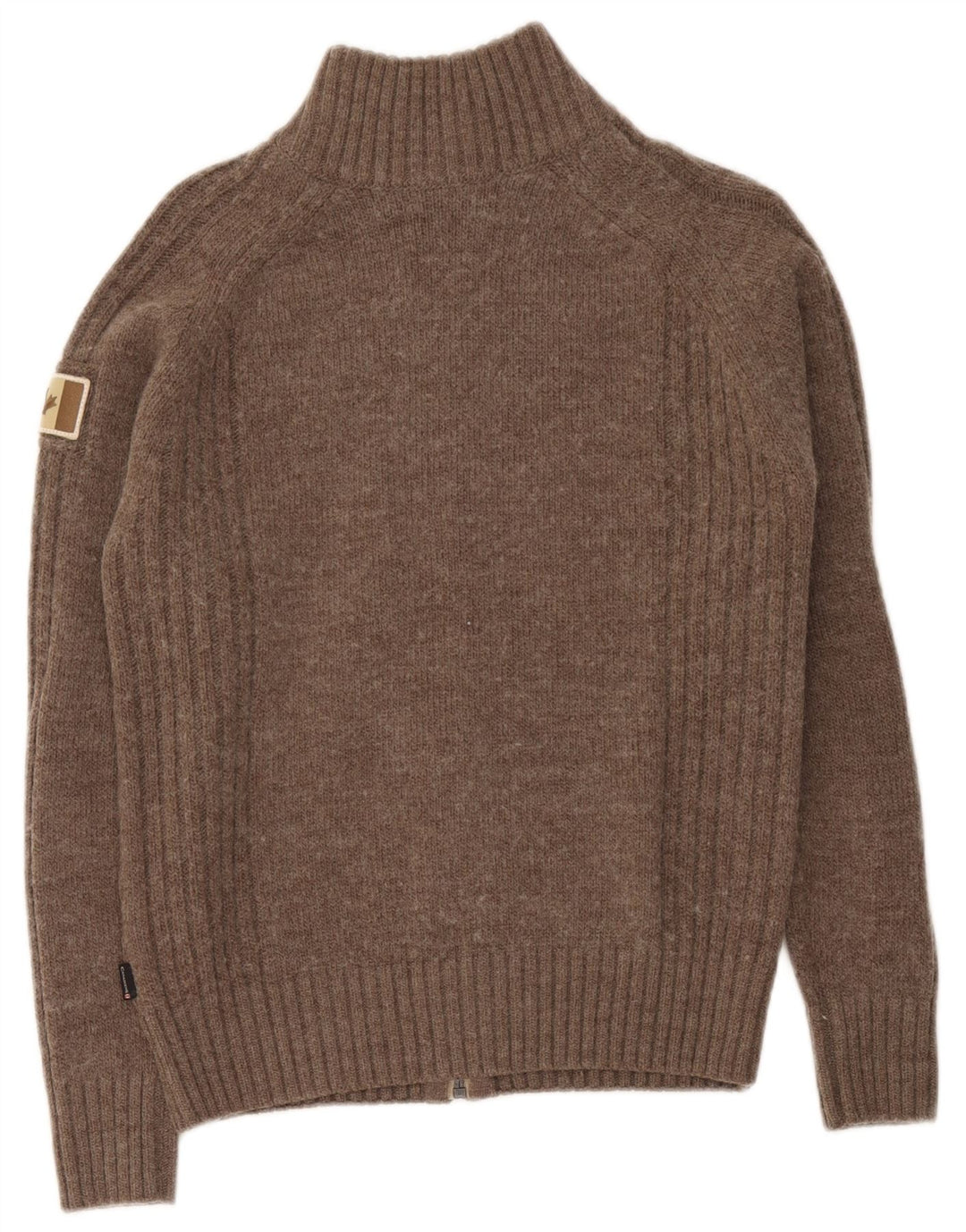 Pulover cardigan supradimensionat pentru femei Canadiens cu fermoar complet UK 10 Lână maro mică