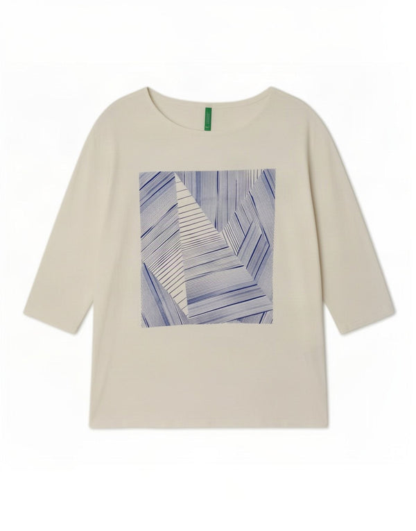 Top cu tunică Benetton cu mâneci 3/4 pentru femei, UK 14, bumbac alb mediu
