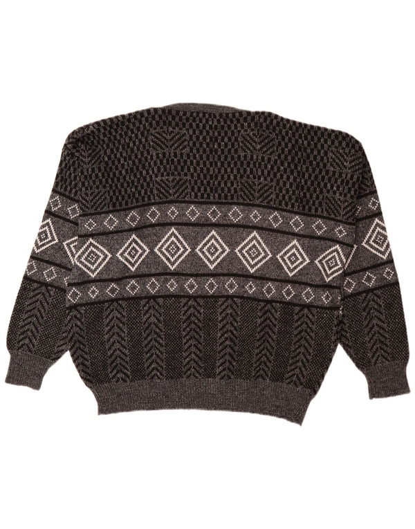Pulover vintage pentru bărbați cu decolteu în V, XL, gri geometric, acrilic