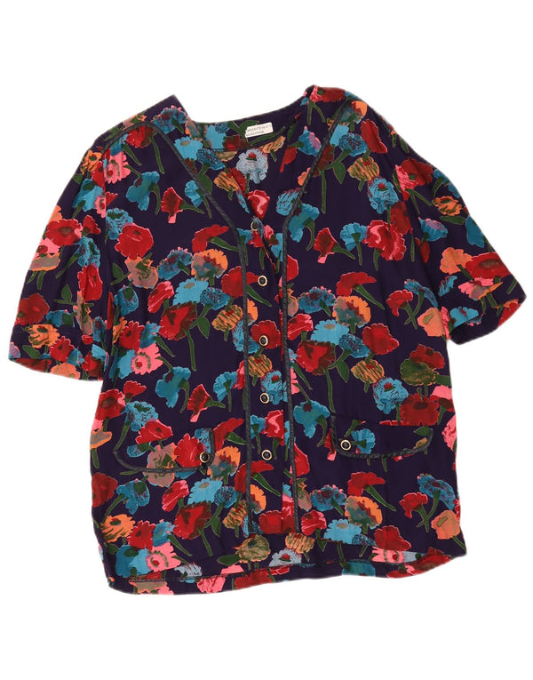Bluză vintage cămașă cu mânecă scurtă pentru femei UK 16 mare, albastru marin, floral
