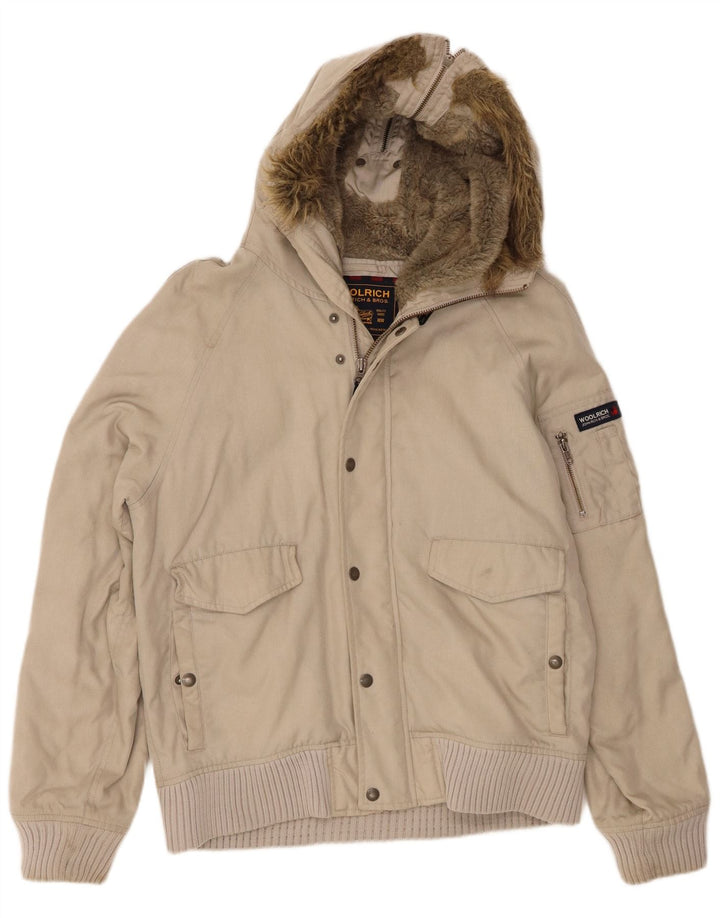 Jachetă bomber cu glugă pentru bărbați Woolrich UK 38, nailon mediu, bej