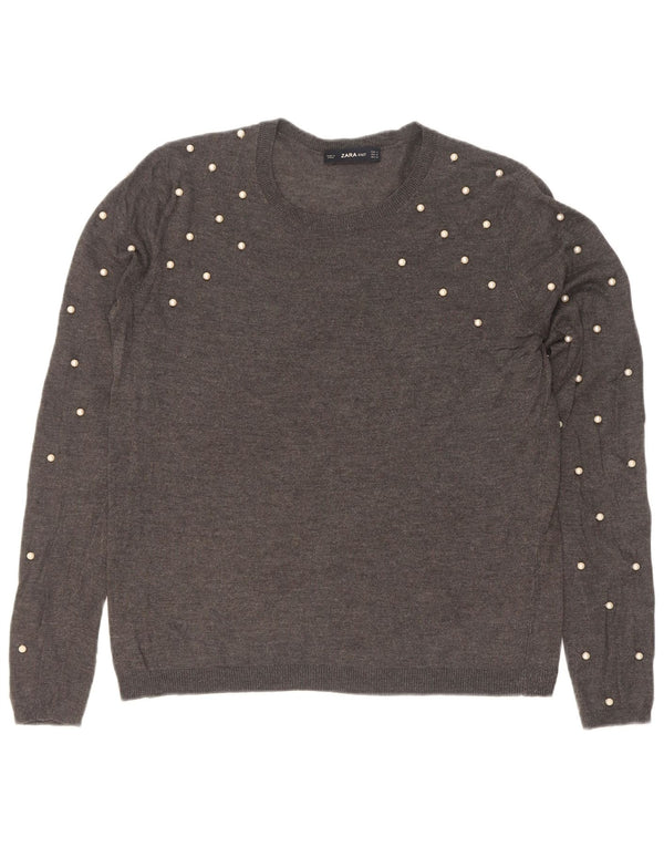 Pulover pentru femei Zara cu gât de barcă UK 14 Medium Gri Spotted