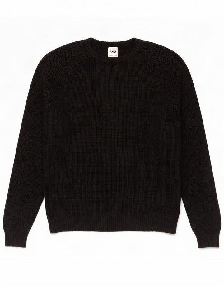Zara Pulover pentru bărbați cu gât roșu, bumbac mediu negru