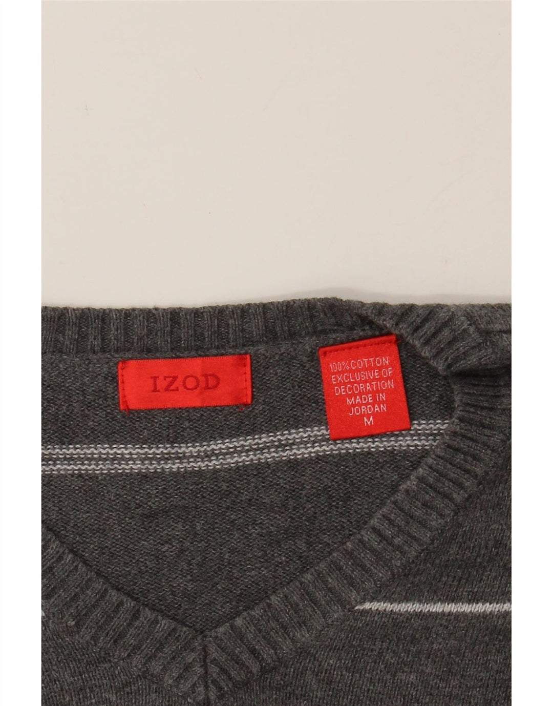 IZOD Mens V-Neck Jumper Sweater Medium Grey Striped Cotton Vintage Izod and Second-Hand Izod from Messina Hembry 