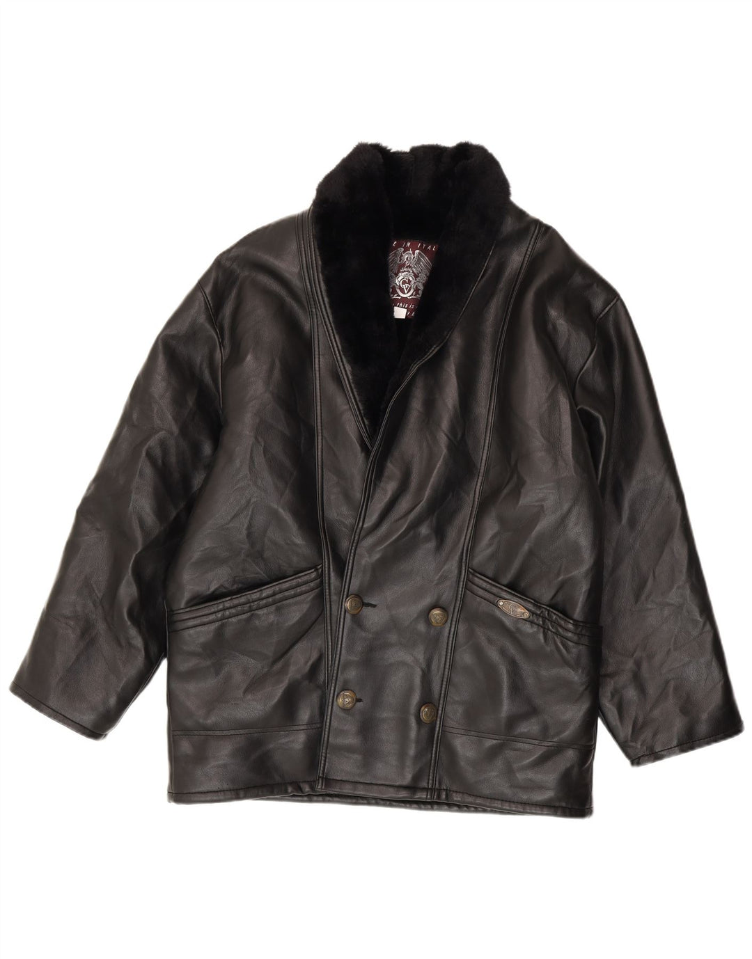Jachetă din shearling dublu pentru bărbați vintage UK 40, mare, neagră