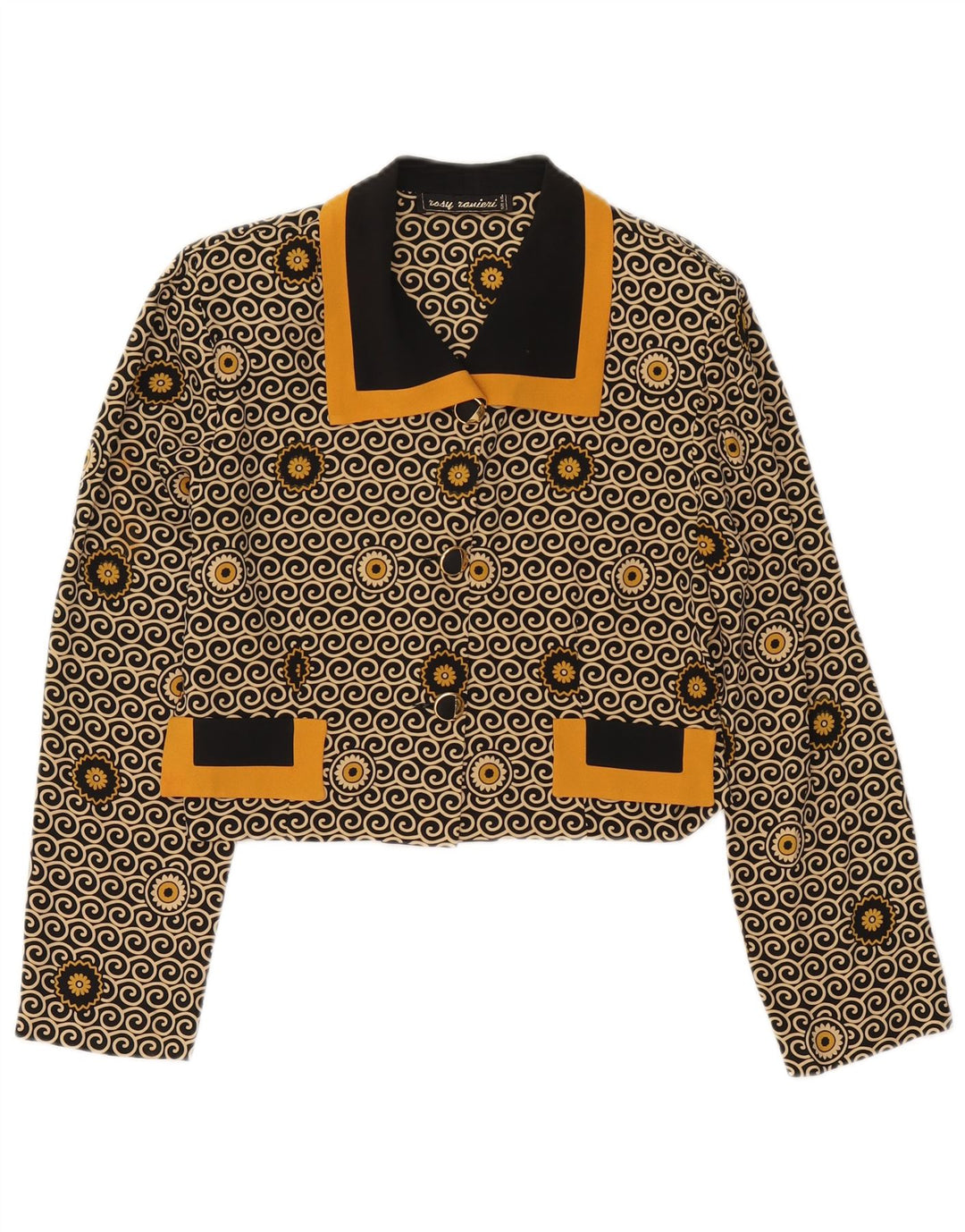 Jachetă vintage pentru femei crop cu 3 nasturi, UK 8, neagră, florală